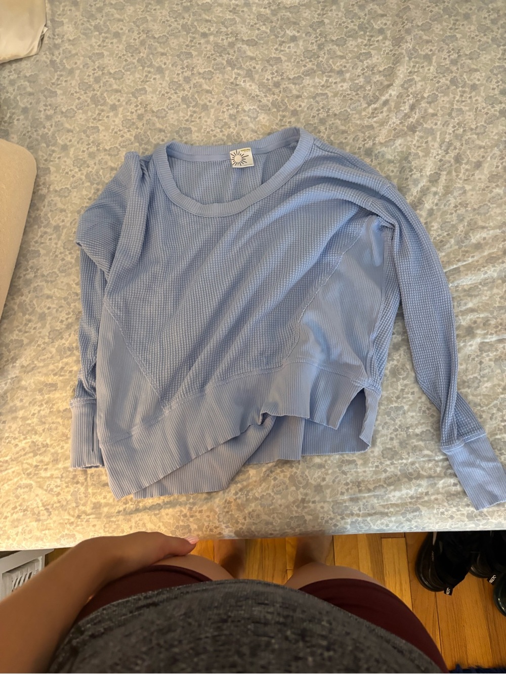 aerie Light Blue Waffle-Knit Long Sleeve Top